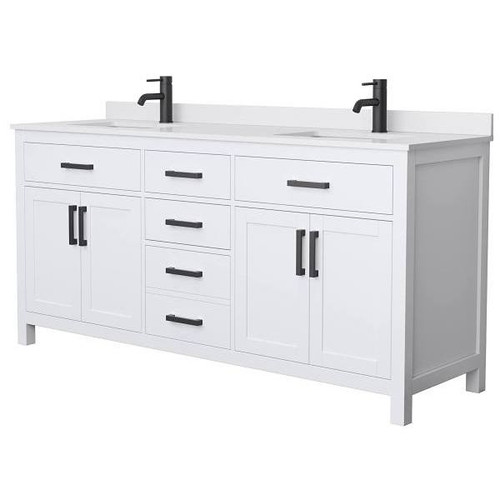 Wyndham Beckett 72" White Double Vanity, White Marble Top, Black Trim