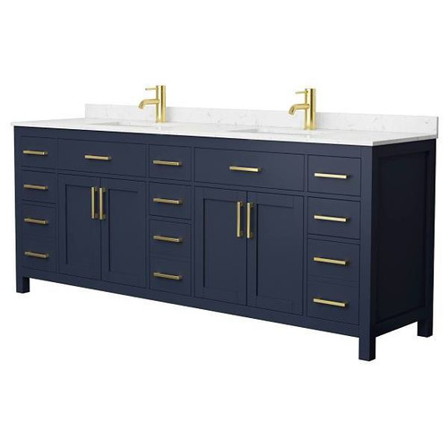 Wyndham Beckett 84" Dark Blue Double Vanity, Carrara Marble Top