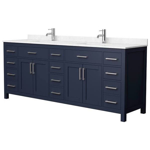 Wyndham Beckett 84" Dark Blue Double Vanity, Carrara Marble Top, Nickel Trim