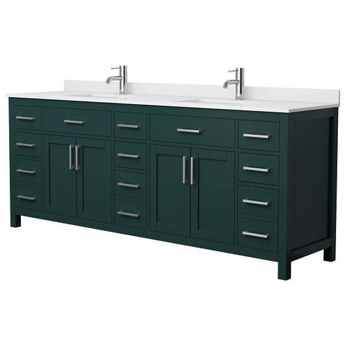 Wyndham Beckett 84" Green Double Vanity, White Marble Top, Nickel Trim