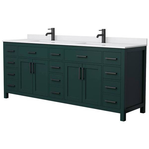 Wyndham Beckett 84" Green Double Vanity, White Marble Top, Black Trim