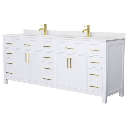 Wyndham Beckett 84" White Double Vanity, White Marble Top, Gold Trim