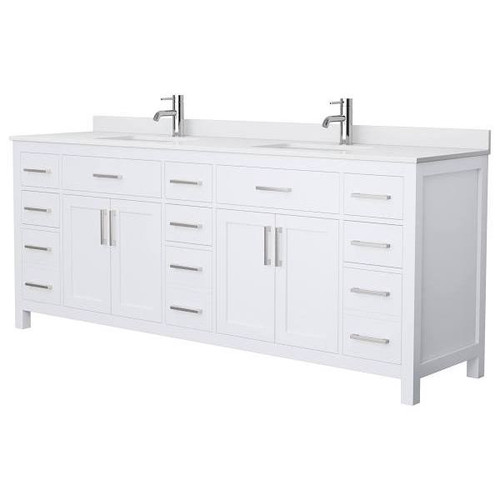 Wyndham Beckett 84" White Double Vanity, White Marble Top