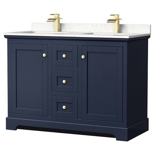Wyndham Avery 48" Dark Blue Double Vanity, Carrara Marble Top
