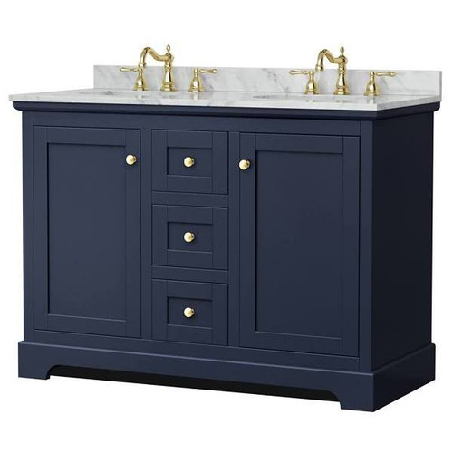 Wyndham Avery 48" Dark Blue Double Vanity, Carrara Marble Top, Oval Sinks