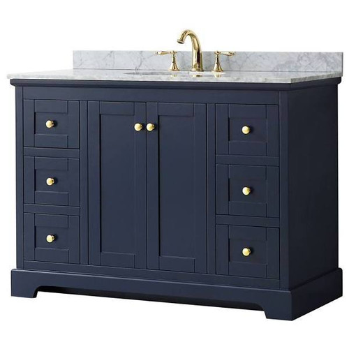 Wyndham Avery 48" Dark Blue Single Vanity, Carrara Marble Top, Oval Sink