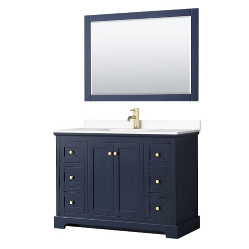 Wyndham Avery 48" Dark Blue Single Vanity, White Marble Top, 46" Mirror