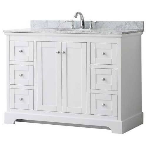 Wyndham Avery 48" White Single Vanity, Carrara Marble Top, Oval Sink