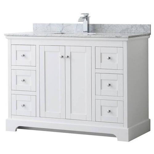 Wyndham Avery 48" White Single Vanity, Carrara Marble Top, Square Sink