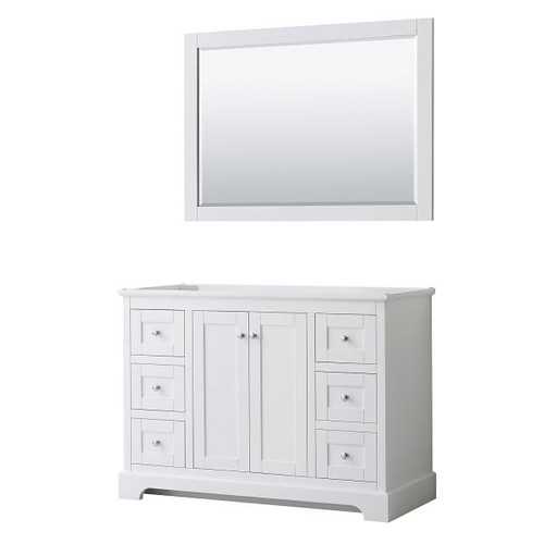 Wyndham Avery 48" White Single Vanity, No Countertop, No Sink, 46" Mirror