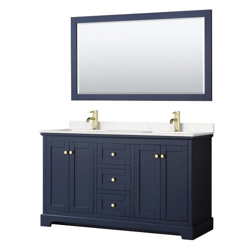 Wyndham Avery 60" Dark Blue Double Vanity, Carrara Marble Top, 58" Mirror