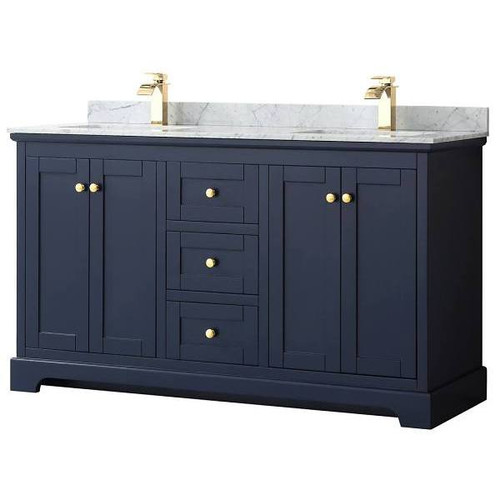 Wyndham Avery 60" Dark Blue Double Vanity, Carrara Marble Top, Square Sinks