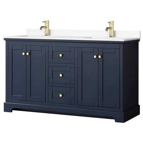 Wyndham Avery 60" Dark Blue Double Vanity, White Marble Top