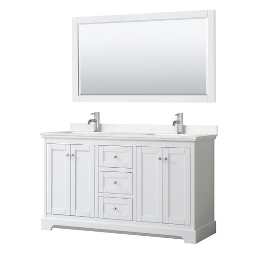 Wyndham Avery 60" White Double Vanity, Carrara Marble Top, 58" Mirror