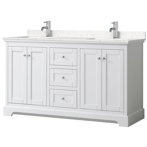 Wyndham Avery 60" White Double Vanity, Carrara Marble Top