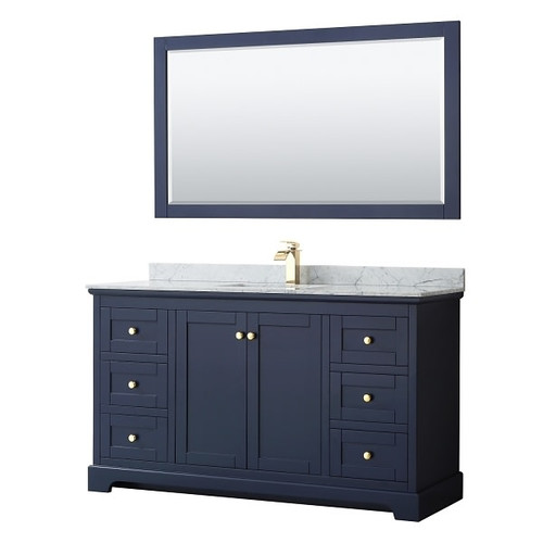 Wyndham Avery 60" Dark Blue Single Vanity, Carrara Marble, Square Sink, Mirror