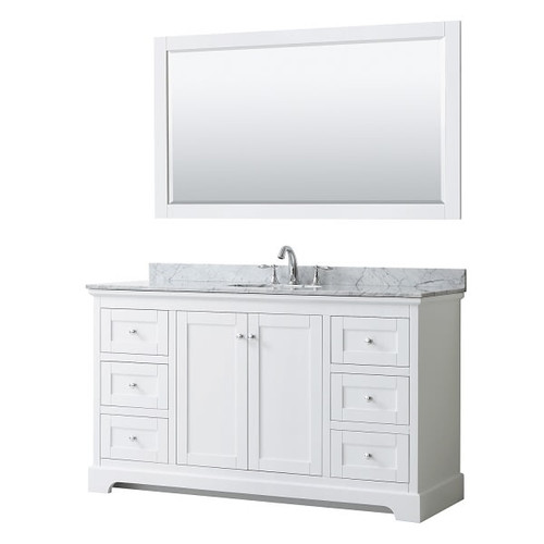 Wyndham Avery 60" White Single Vanity, Carrara Marble Top, Oval Sink, 58" Mirror