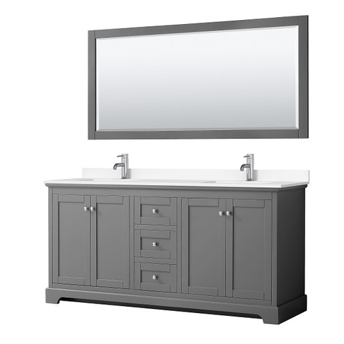 Wyndham Avery 72" Dark Gray Double Vanity, White Marble Top, 70" Mirror