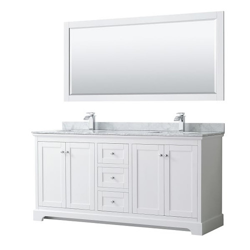 Wyndham Avery 72" White Double Vanity, Carrara Marble, Square Sinks, 70" Mirror