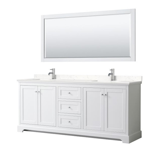 Wyndham Avery 80" White Double Vanity, Carrara Marble Top, 70" Mirror