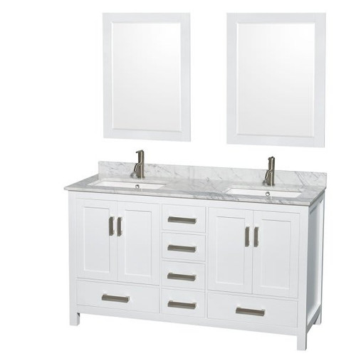 Wyndham Sheffield White Double Bathroom Vanity 60" With Square Sink And Mirror