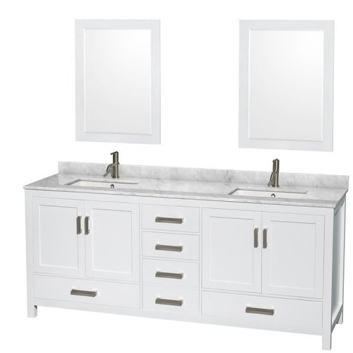 Wyndham Sheffield White Double Bath Vanity, With Top, Square Sink And Mirror