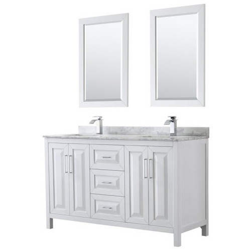 Wyndham Daria White Double Bath Vanity 60" With Carrara Marble Top & 24" Mirror