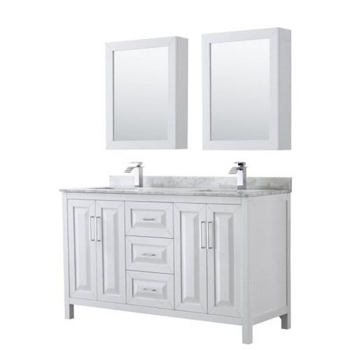 Wyndham Daria White Double Bath Vanity 60" With Square Sink & Medicine Cabinet