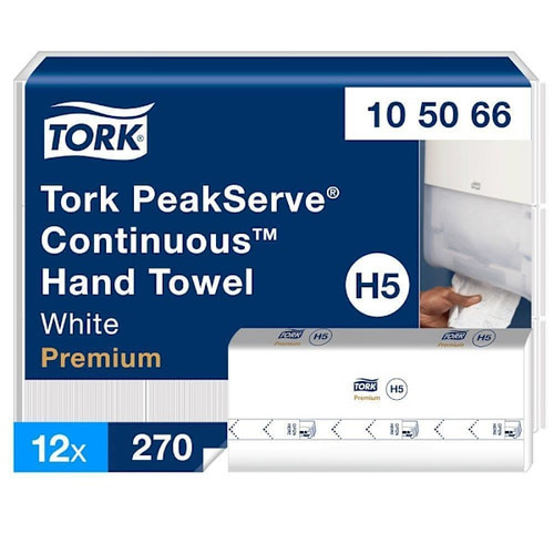 Tork Peakserve Continuous Paper Hand Towels, Premium, Compressed, White, H5 (12 Packs X 270 Sheets)