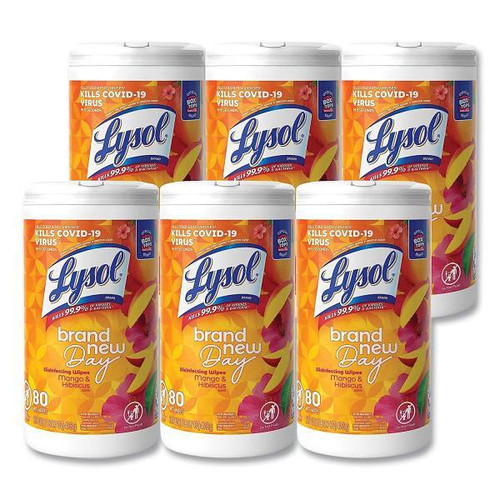 Disinfecting Wipes, 1-Ply, 7 X 7.25, Mango And Hibiscus, White, 80 Wipes/Canister, 6 Canisters/Carton