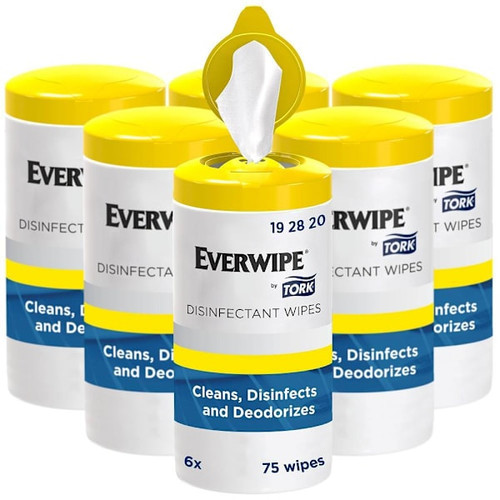 Everwipe By Tork Disinfectant Wipe Canisters, 1-Ply, White, 75 Sheets Per Canister, Case Of 6