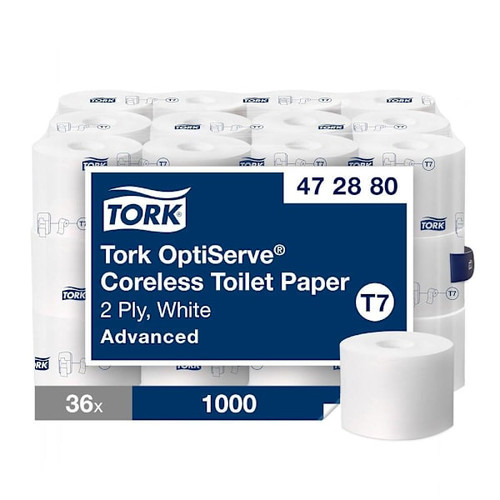 Tork Optiserve Coreless Toilet Paper, Advanced, 2-Ply, White, T7 (36 Rolls X 1000 Sheets)