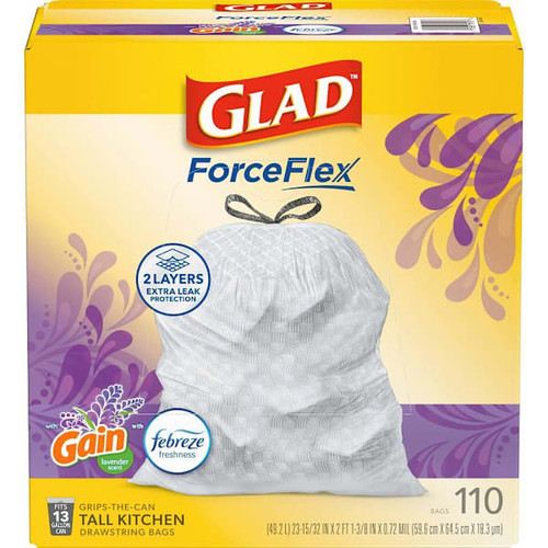 Glad Forceflex 13 Gal. Tall Kitchen Bags, Gain Lavender With Febreze, Package Of 110