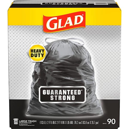 Glad Large Drawstring Trash Bags, 30 Gal, Heavy Duty, Black, 90/Case