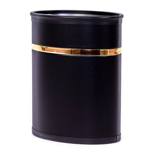 LUX Collection 13 Quart  Oval Metal Wastebasket Vegan Leather Wrapped,black With Brass Trim, Case Of 6
