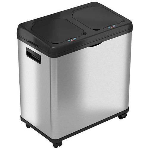 HLS Commercial 16 Gallon Dual-Compartment Sensor Trash Can And Recycle Bin With Wheels