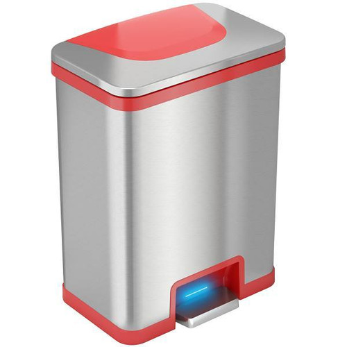 HLS Commercial 13 Gallon Stainless Steel Pedal-Sensor Trash Can With Odor Filter (Red Trim)