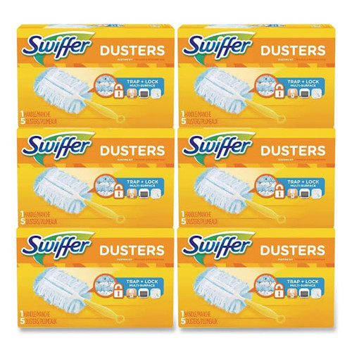 Dusters Starter Kit, Dust Lock Fiber, 6" Handle, Blue/Yellow, 6/Carton