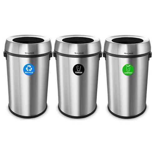 Alpine Industries 51 Gallon Stainless Deco Recycle/Trash/Compost Package Of 3 ALP470-65L-R-T-CO