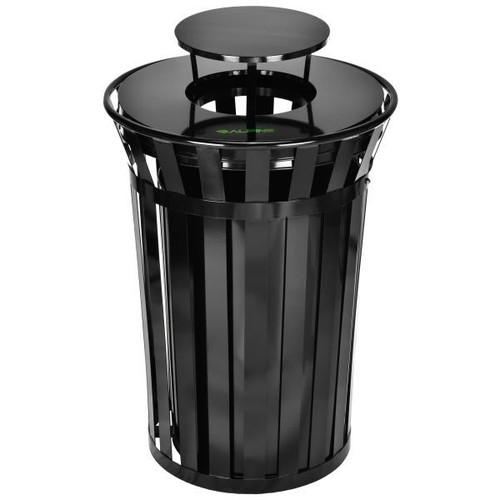 Alpine Industries Outdoor Metal Trash Can With Rain Bonnet, 38 Gallon, Black 211453