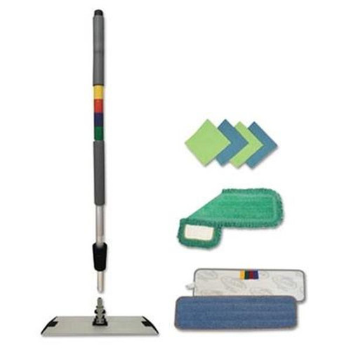 Microfiber Cleaning Kit, 18" Wide Blue/Green Microfiber Head, 35" To 60" Gray Aluminum Handle