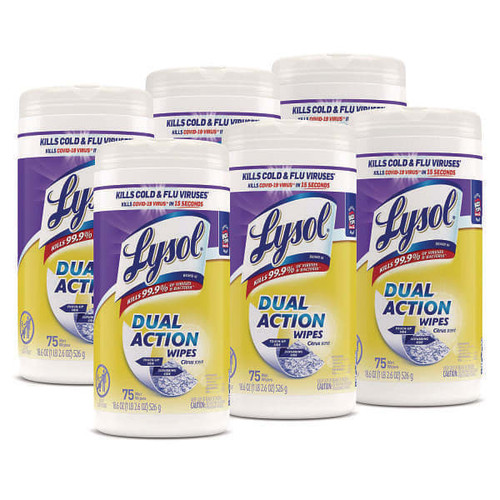 Dual Action Disinfecting Wipes, 1-Ply, 7 X 7.5, Citrus, White/Purple, 75/Canister, 6 Canisters/Carton