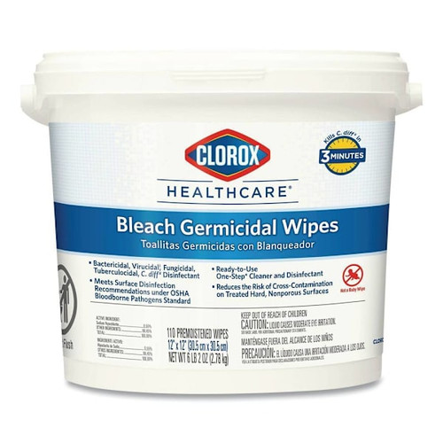 Bleach Germicidal Wipes, 1-Ply, 12 X 12, Unscented, White, 110/Bucket