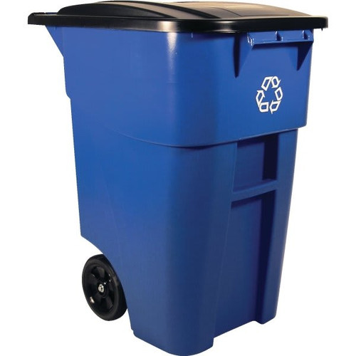 Rubbermaid Commercial 50 Gal Blue Rectangular Recycling Rollout Container W/ Lid (2-Pack)