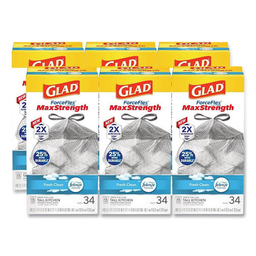 Forceflex Maxstrength Tall Kitchen Drawstring Trash Bags, 13 Gal, Fresh Clean Scent, 24 X 28, White, 34/Box, 6 Boxes/Carton