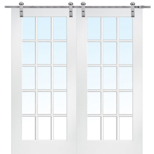 Mmi Door Primed 15 Lite 64" X 80" Kit With Stainless Steel Barn Door Hardware