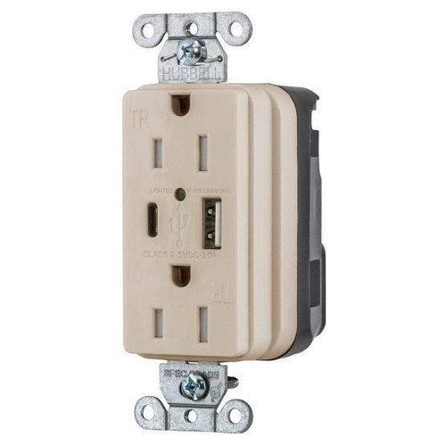Hubbell Wiring Snapconnect 15a 125v USB A/C Duplex Receptacle Light Almond