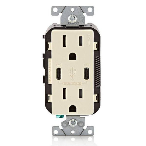 Leviton 15a Decora Tamper-Resist Receptacle With 30w USB Type C/C, Light Almond