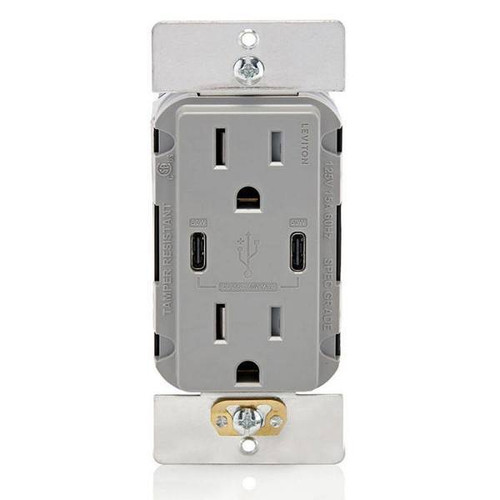 Leviton 15a Decora Tamper-Resistant Receptacle With 60w Dual USB Type C/C, Grey