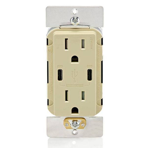 Leviton 15a Decora Tamper-Resistant Receptacle With 60w Dual USB Type C/C, Ivory